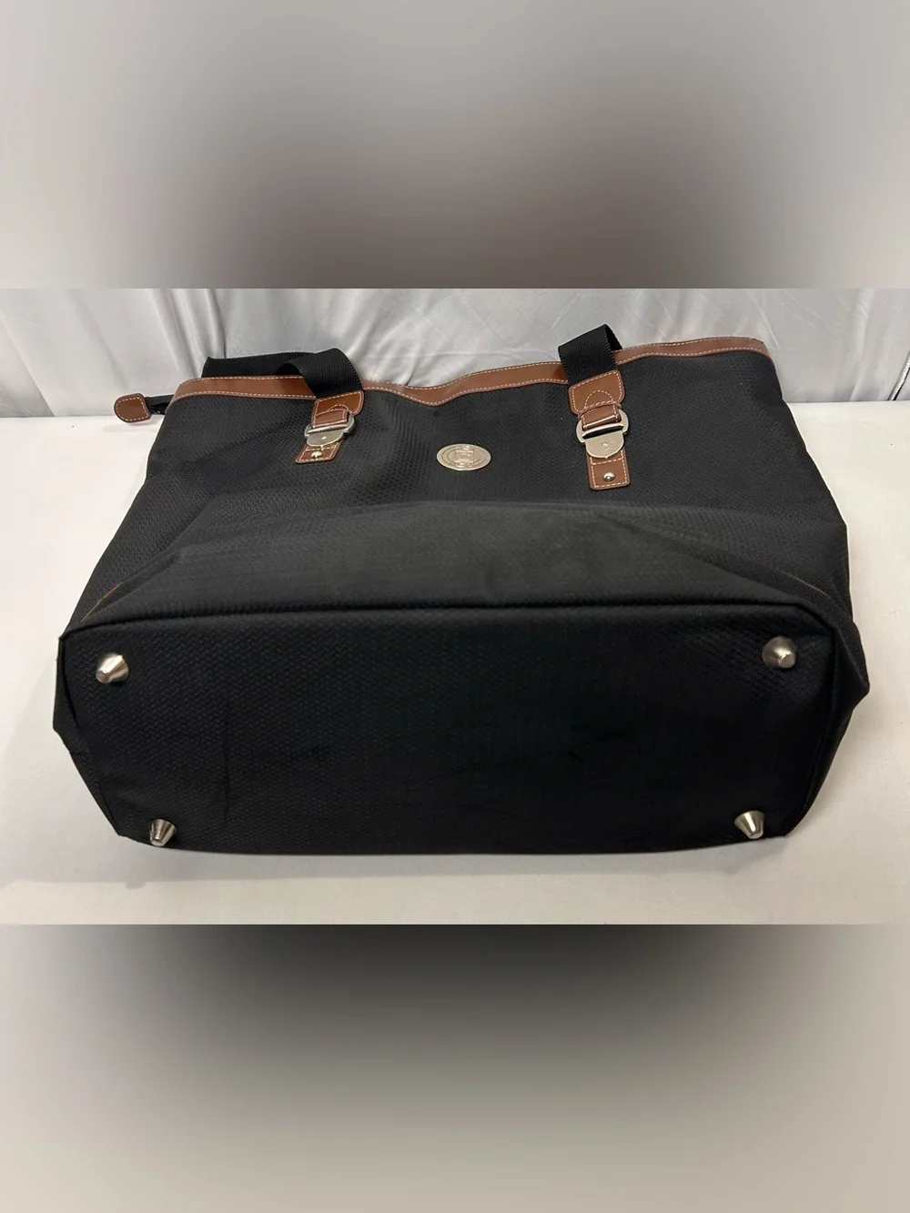 Chaps Black Tote with Brown Trim and Silver Buckle Details